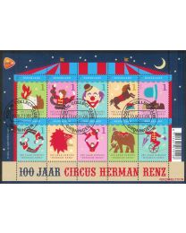 Nederland 2011: NVPH: V2868-2877: 100 jaar Circus Herman Renz: velletje gestempeld
